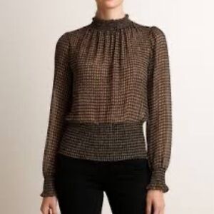 Joie Tan & Black Shimmer Long Sleeve Smocked Top Small